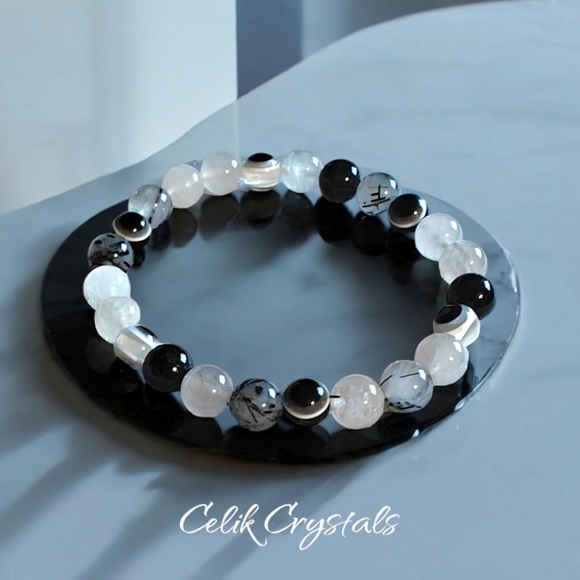 Celik Crystals Jewelry - Tourmaline Quartz and Evil Eye Bracelet Handmade Natural Stones Unisex